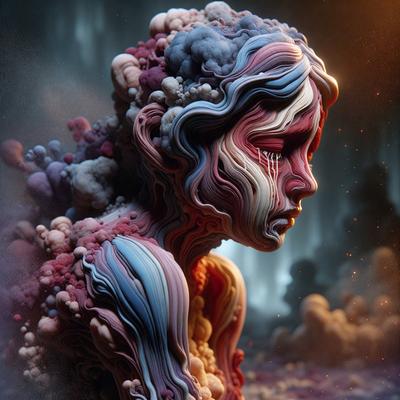 The primary subject of the image is a woman with a tear in her eye. She is depicted in a surreal and artistic manner, with her face and body covered in a variety of colors and textures. The setting appears to be a dark and moody environment, with a backdrop of a mountain. The visual style of the image is a combination of digital art and illustration, creating a unique and striking portrait. The colors and mood of the image are predominantly dark and dramatic, with the woman's